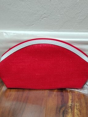 New Clarins Red Half-Moon Cosmetic Pouch with White Trim Makeup Bag Toiletries